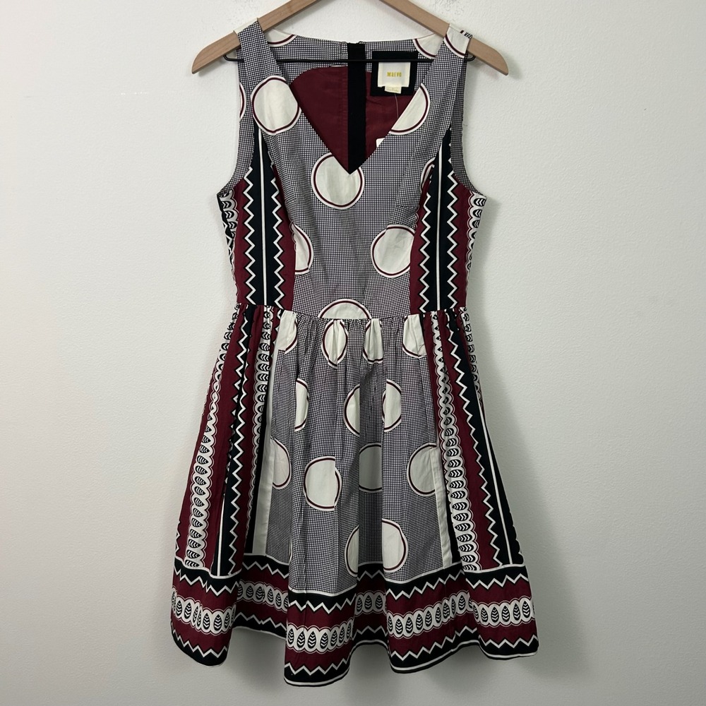 Maeve Anthropologie Geometric Polka Dot Fit & Flare Dress Burgundy Black White 6